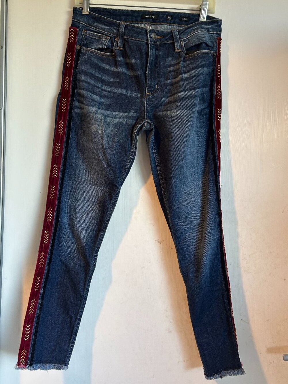 Miss Me - Dark Wash Denim Jeans with Burgundy Beaded Velvet Stripe